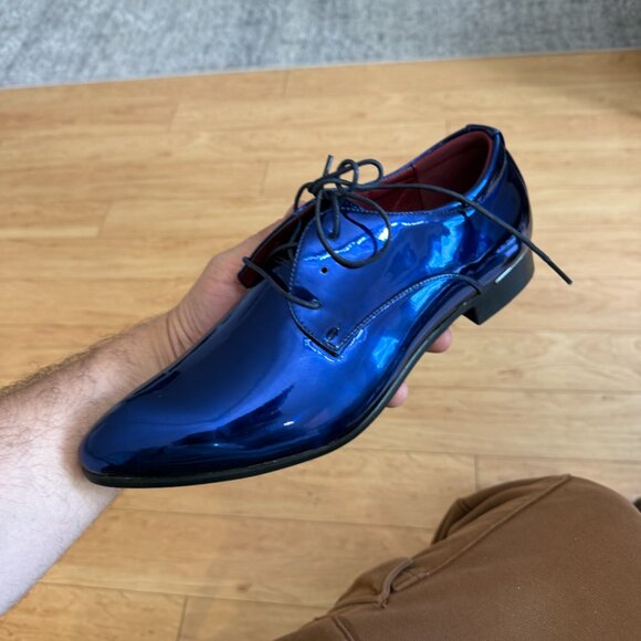 Santimon Men's US 11 Patent Leather Shiny Blue Oxford Shoes Pointed Toe Lace Up - Picture 11 of 11